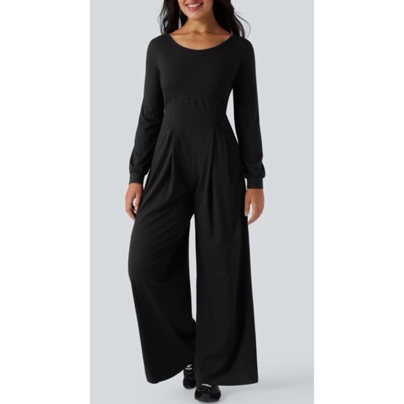 HALARA Pants - Halara Backless Round Neck Long Sleeve Casual Baggy Jumpsuit with Pockets Black